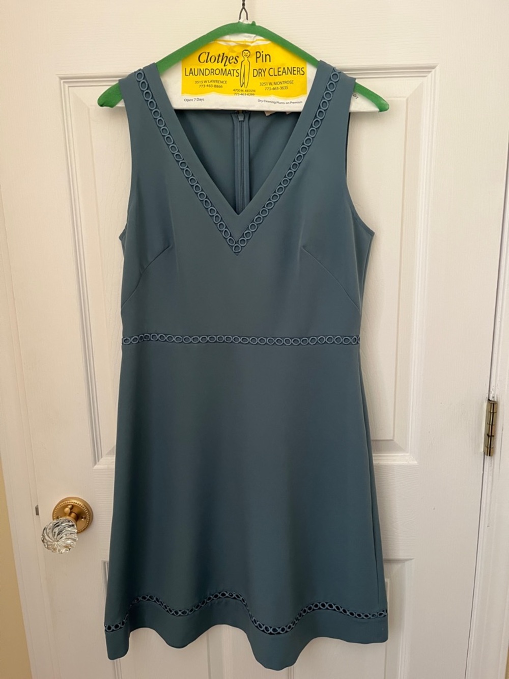 LOFT Teal-Green Sleeveless V-Neck Midi Dress with Circular Trim